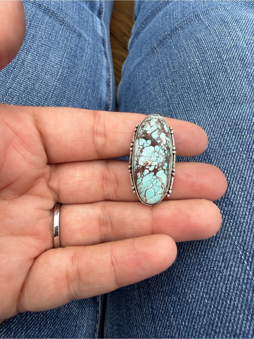 Navajo Sterling Turquoise Statement Ring - Blue-Green Oval Stone